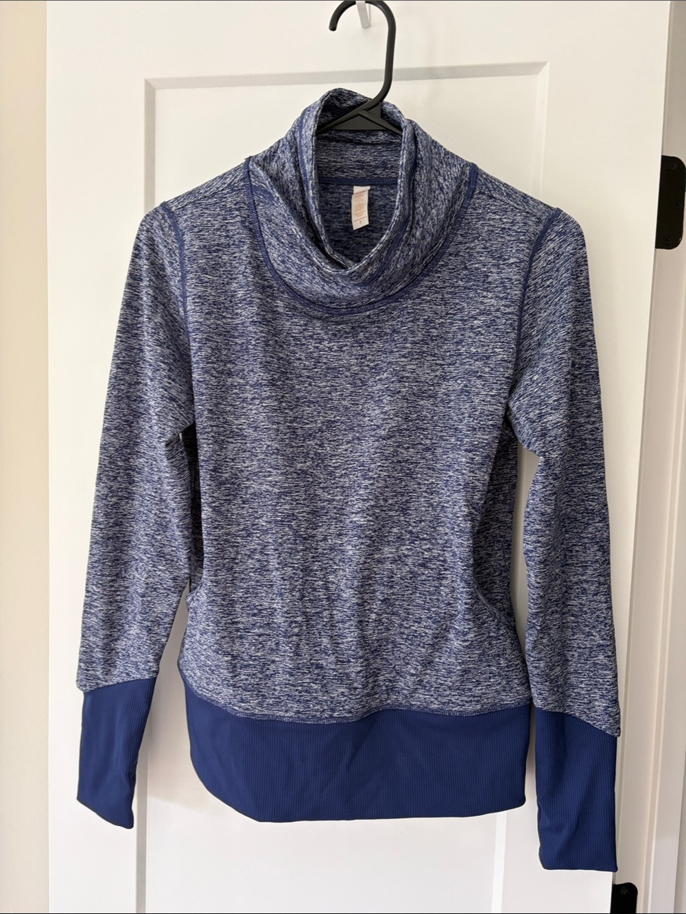 Lucy Blue Heathered Cowl Neck Athletic Sweater with Navy Trim